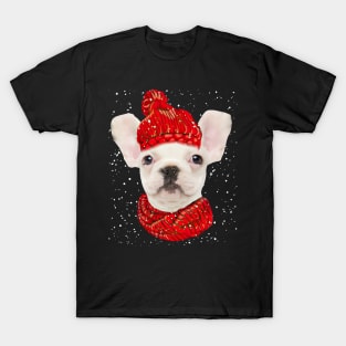 White French Bulldog Wearing Red Hat And Scarf Christmas T-Shirt